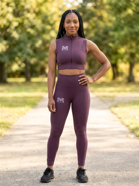 2-Piece Outfit with Short Sleeve Sleeveless Zip Jacket (Purple)